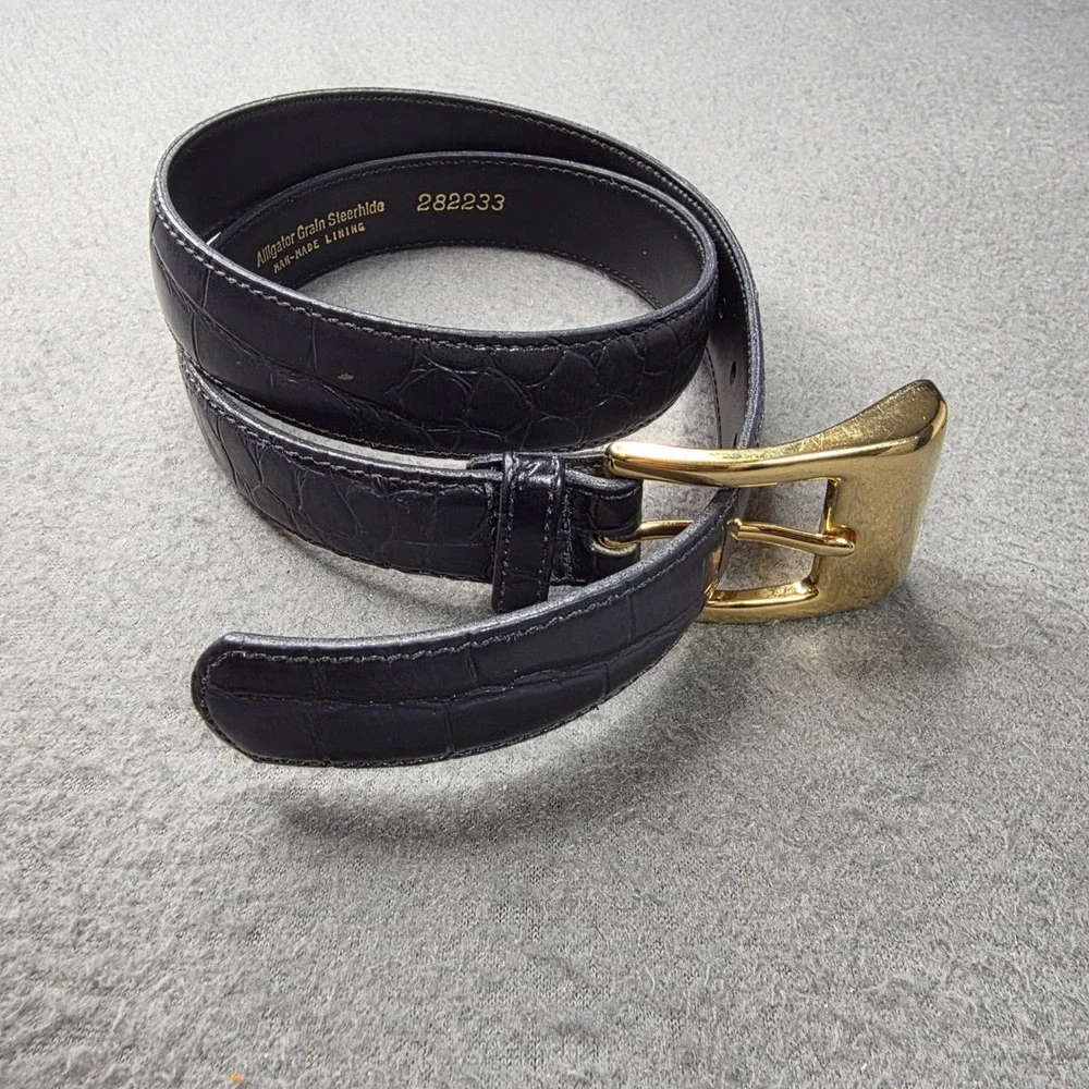 Vintage Black Alligator Grain Steerhide Leather Belt Gold Buckle USA Made 282233